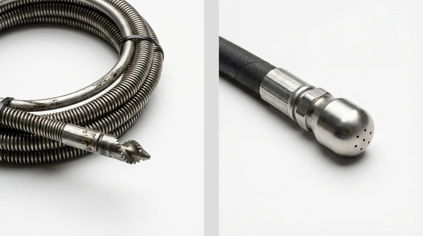 Drain snake cable and hydro jetting nozzle used for drain cleaning in Portland, NY
