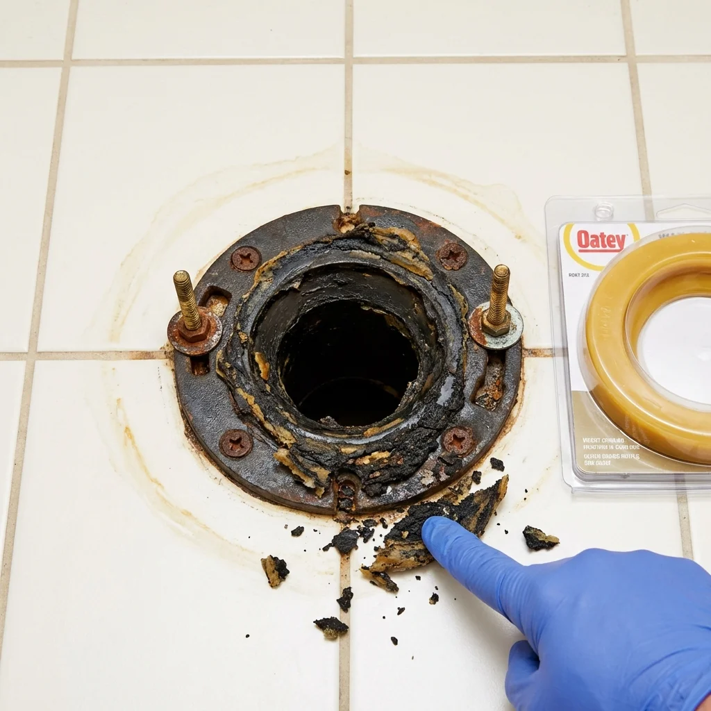 Failed wax ring showing water seepage at the base of a toilet in a Portland, NY home
