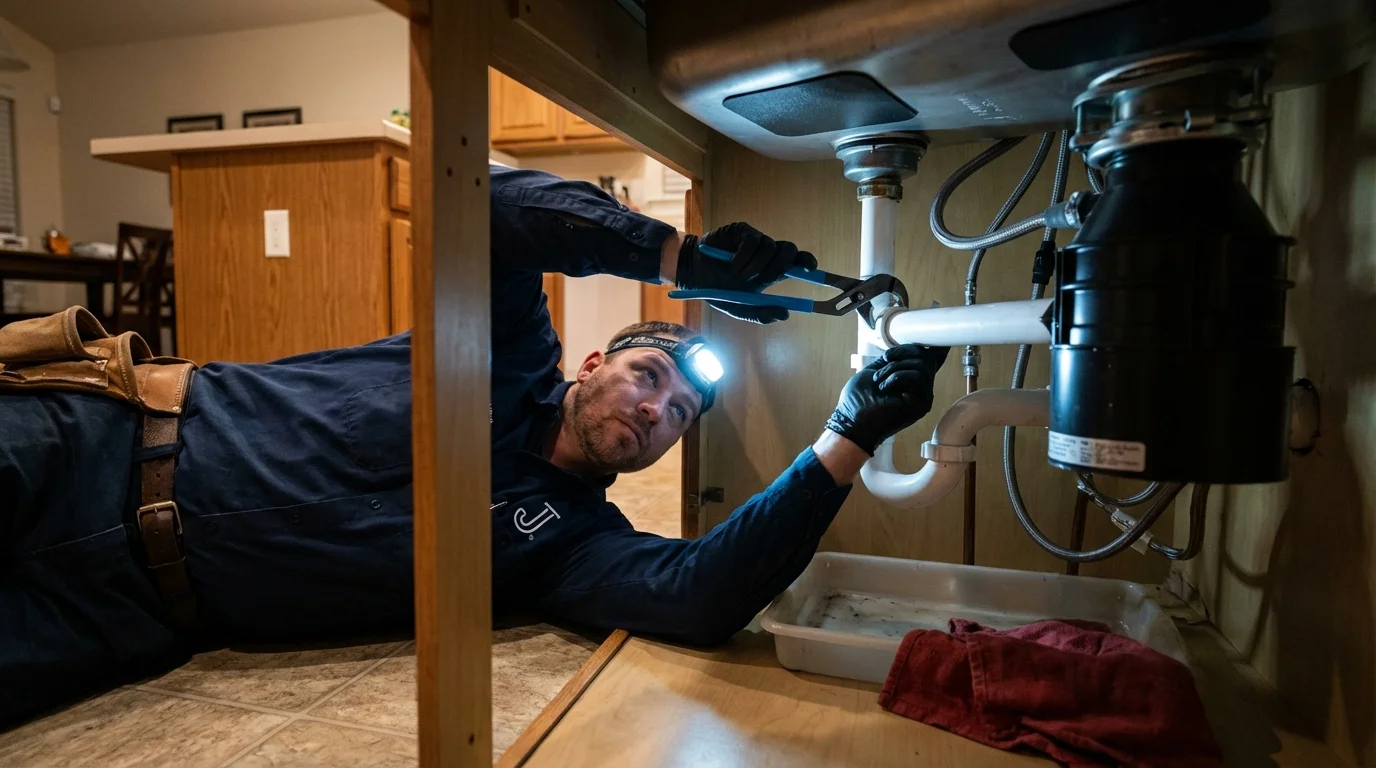 P-trap and supply line connections under a kitchen sink showing a common leak point in Portland, NY